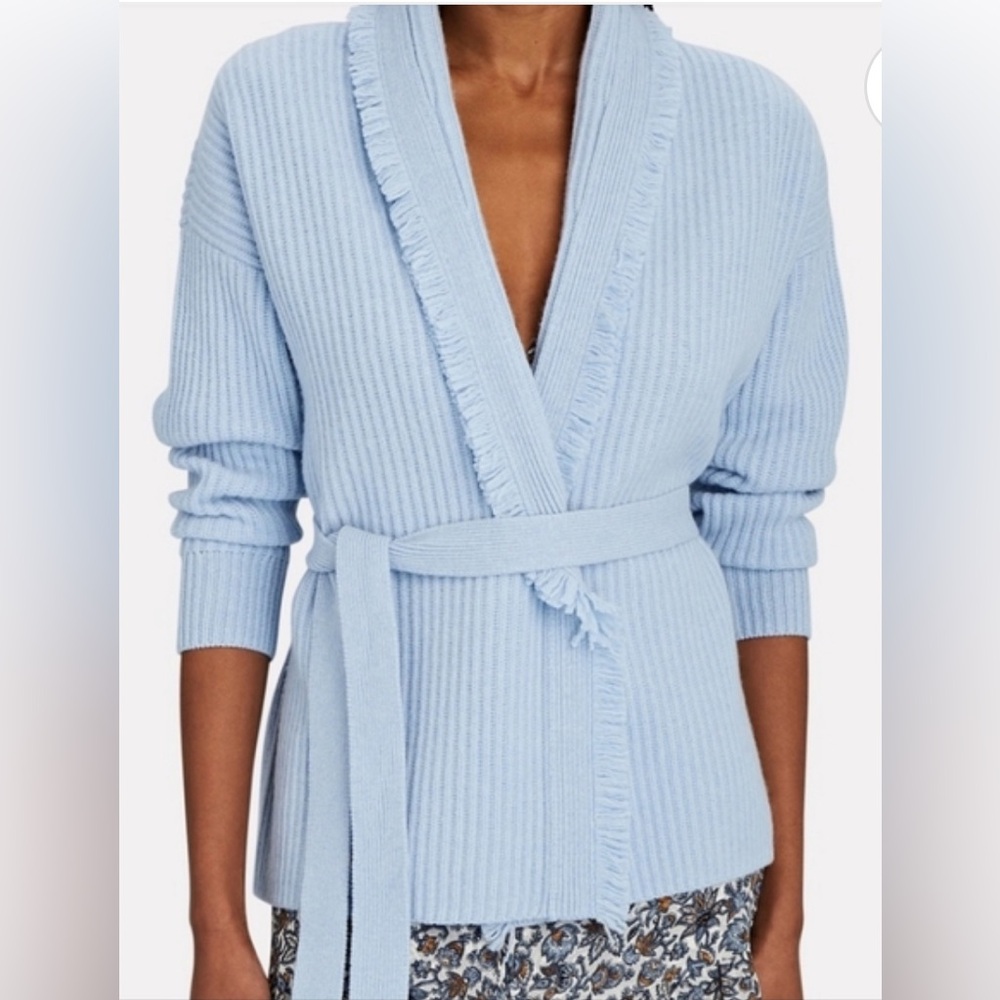 INTERMIX CHARLIE FRINGE WOOL-CASHMERE BELTED CARDIGAN. SWEATER. Size XL. $298